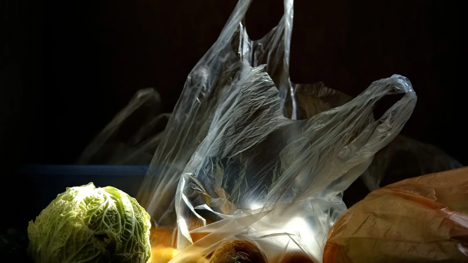 Still life of a cabbage and plastic bags with fruits illuminated in dim light, highlighting texture and shadow contrast.